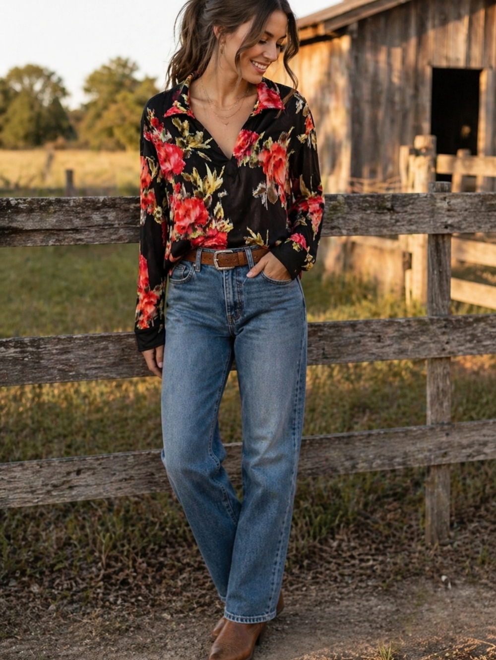 Steve Madden Black Floral Collared V-Neck Long Sleeve Top - Picture 4 of 4